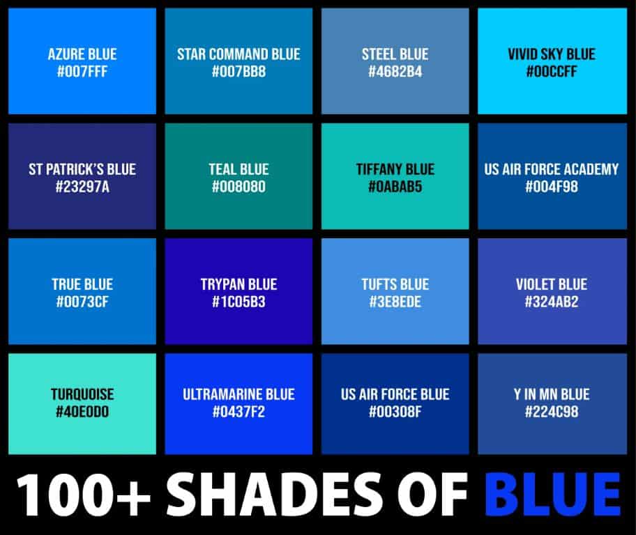 What are the shades of blue or any shade of blue?
